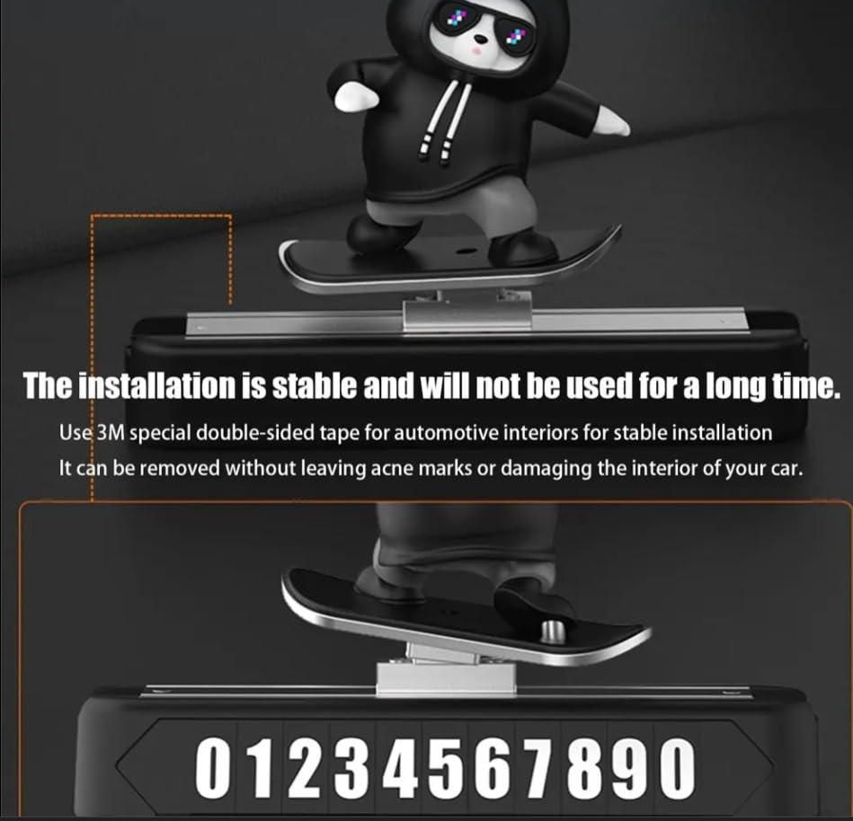 Livingdot cute car dash accessory featuring a black panda figurine on a skateboard with a removable phone number plate