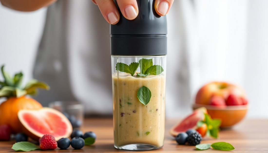 Hand holding a portable mini blender blending a fruit smoothie with fresh berries nearby representing best portable mini blenders