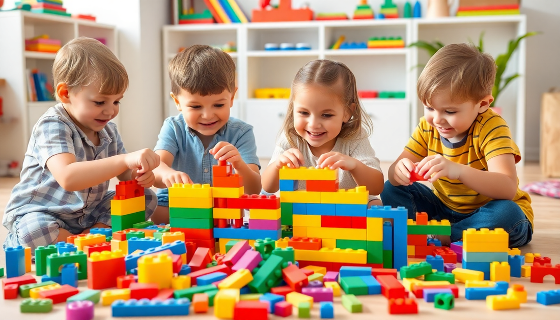 Four young children playing and building colorful structures with best building block sets 2025 in a bright playroom