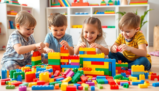Four young children playing and building colorful structures with best building block sets 2025 in a bright playroom
