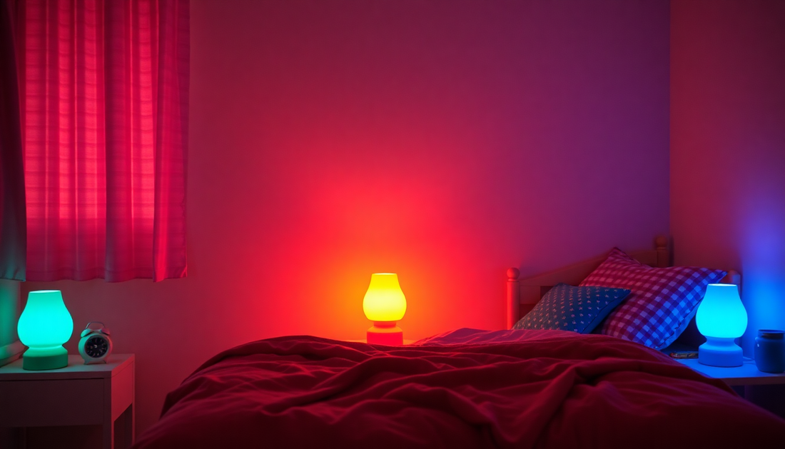 Cozy bedroom with colorful night lamps showcasing the best kids night lamps 2025 for a soothing bedtime atmosphere