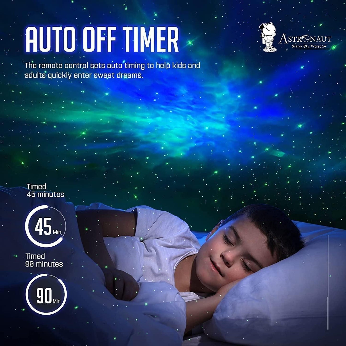 Astronaut galaxy projector showing auto off timer feature with a sleeping child under starry night light