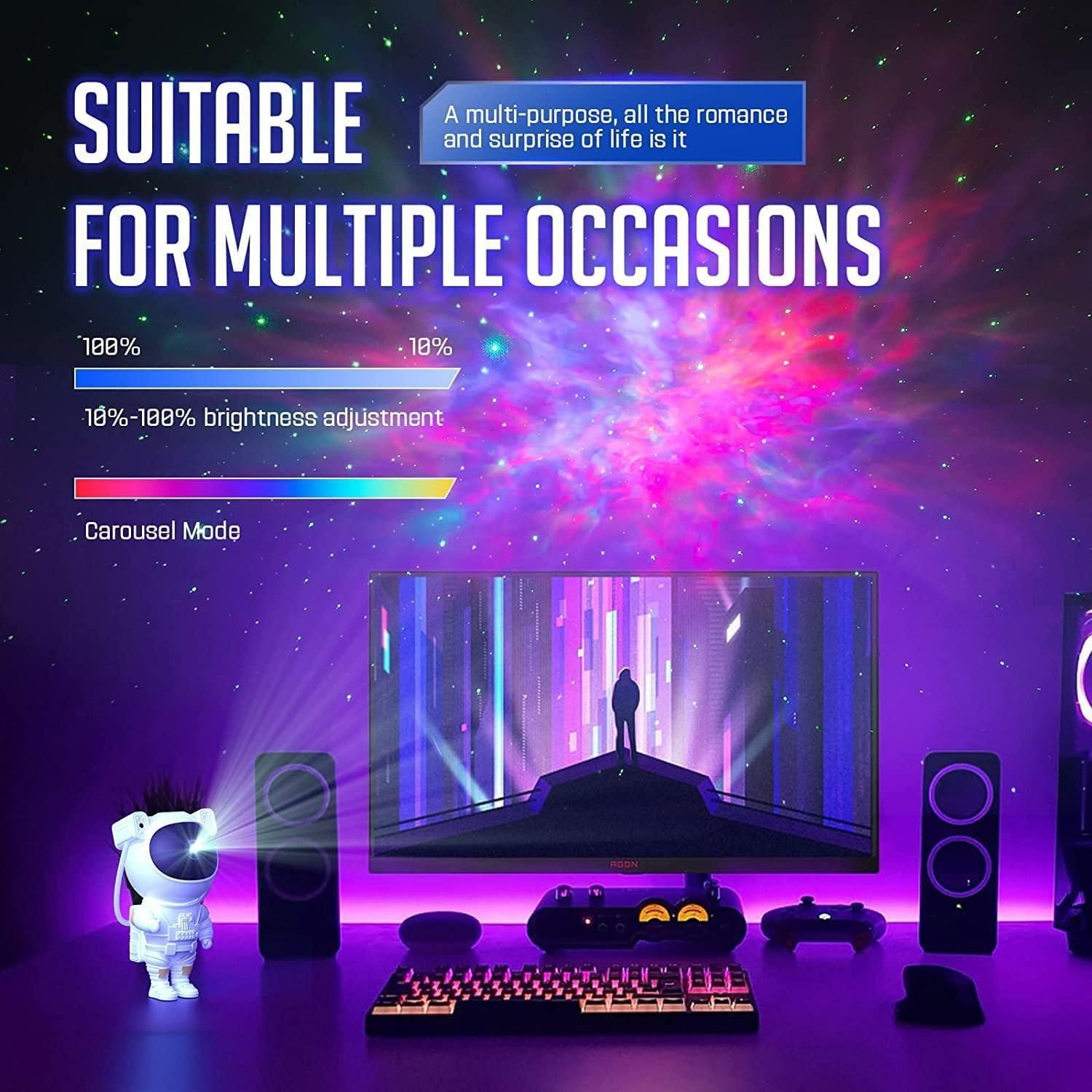 Livingdot astronaut galaxy projector displayed beside a computer setup with colorful galaxy lighting in the background