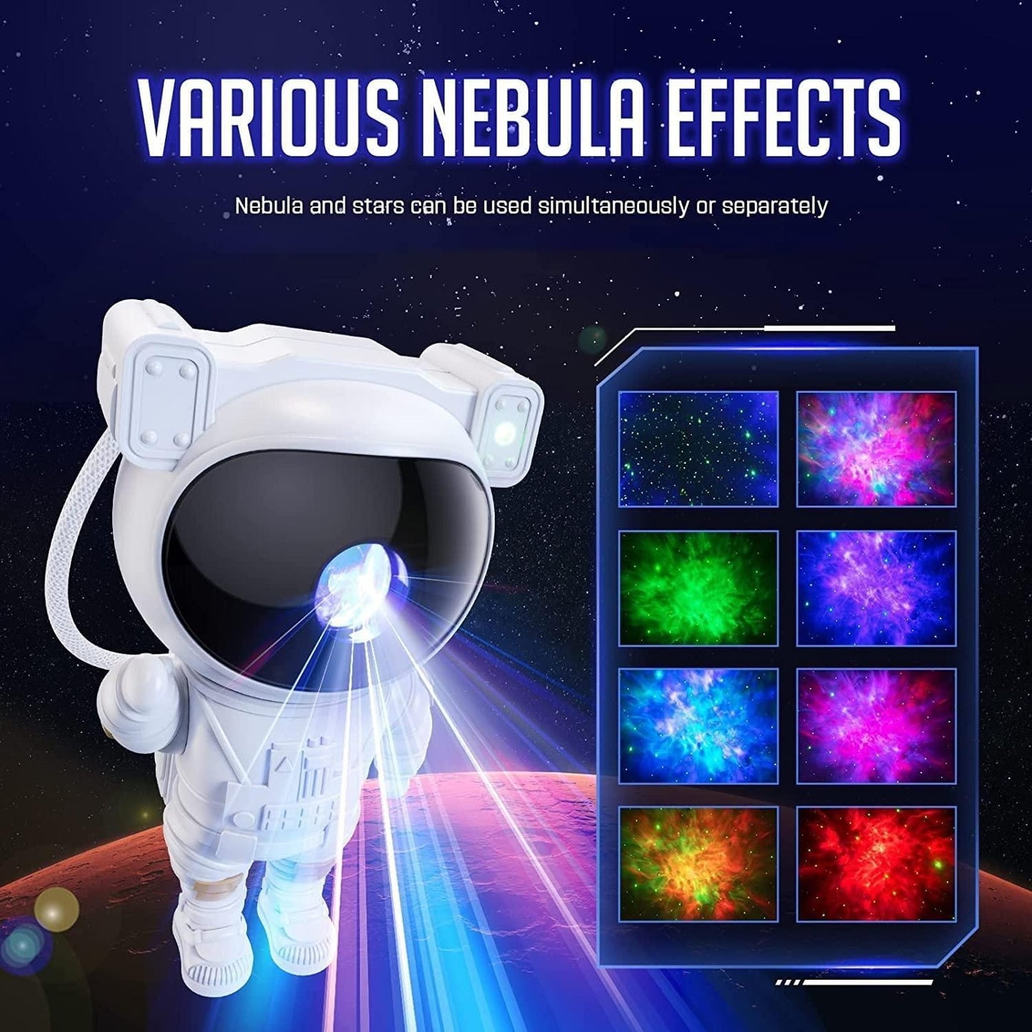 Livingdot astronaut galaxy projector displaying various colorful nebula effects with star and nebula light projections