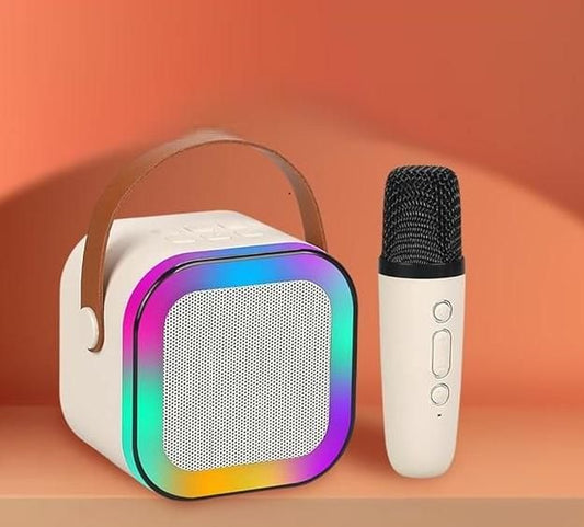 Livingdot Bluetooth microphone speaker with colorful front panel and white wireless microphone