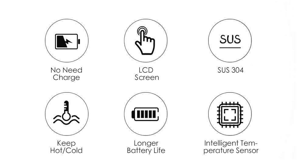 Colorful temperature control flask features including no need charge, LCD screen, SUS 304 stainless steel, temperature sensor, and long battery life