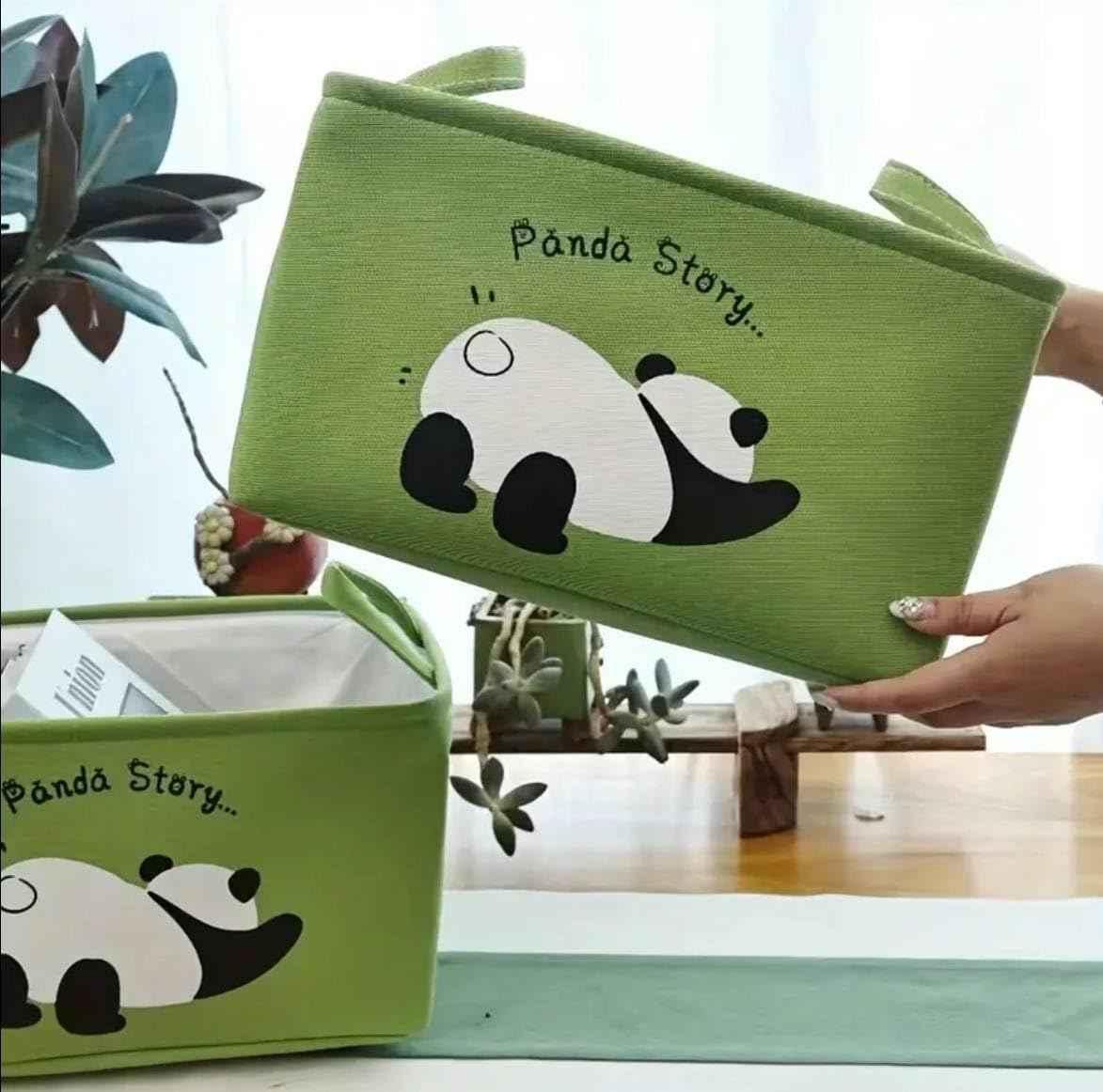Green fabric cute panda clothes storage box with handles and panda story print by Livingdot