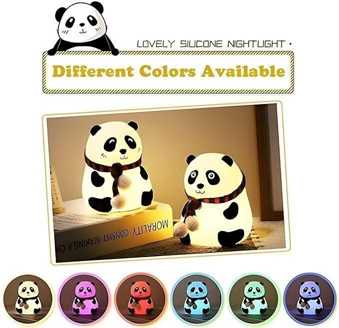 Cute panda night light in silicone with different color options glowing softly on a bedside table