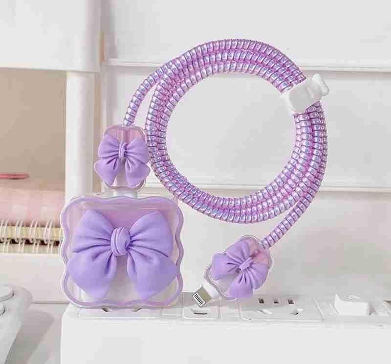 Lavender decorative charging protective case with bow accents and coiled cable cover by Livingdot
