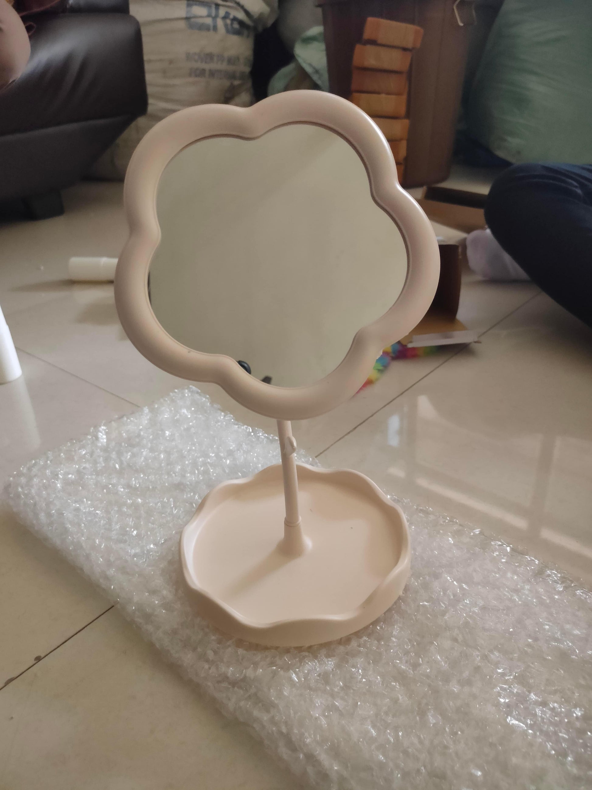 Livingdot flower shape makeup mirror in soft beige with built-in tray for cosmetics
