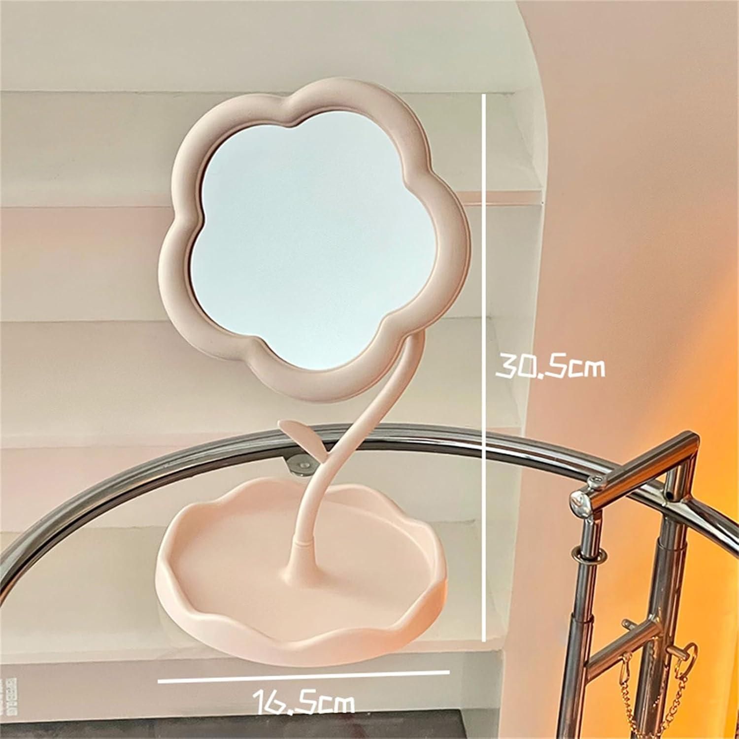 Livingdot flower shape makeup mirror with pink base and flexible stem measuring 30.5 cm tall
