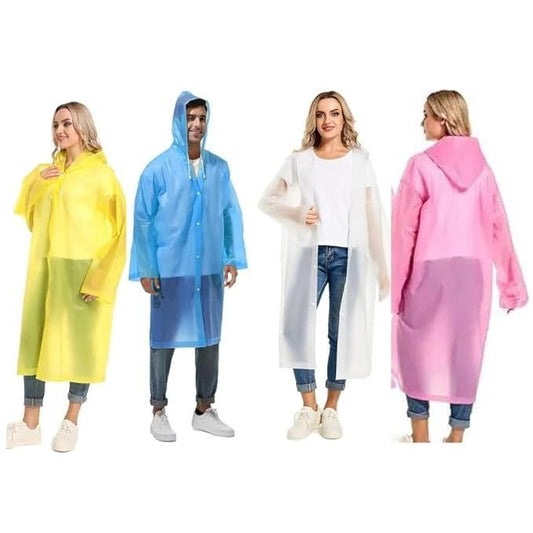 Livingdot waterproof transparent raincoat in yellow, blue, clear, and pink worn by models with hoods