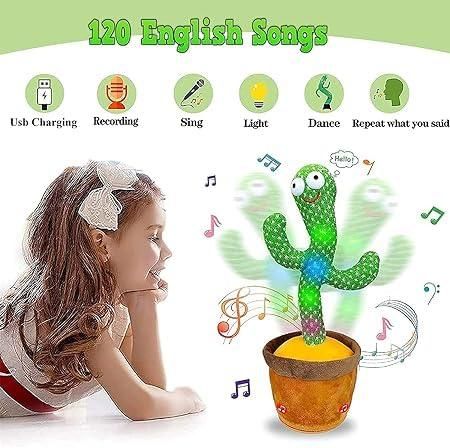 Livingdot LED cactus toy in a pot with colorful lights playing music and dancing next to a girl