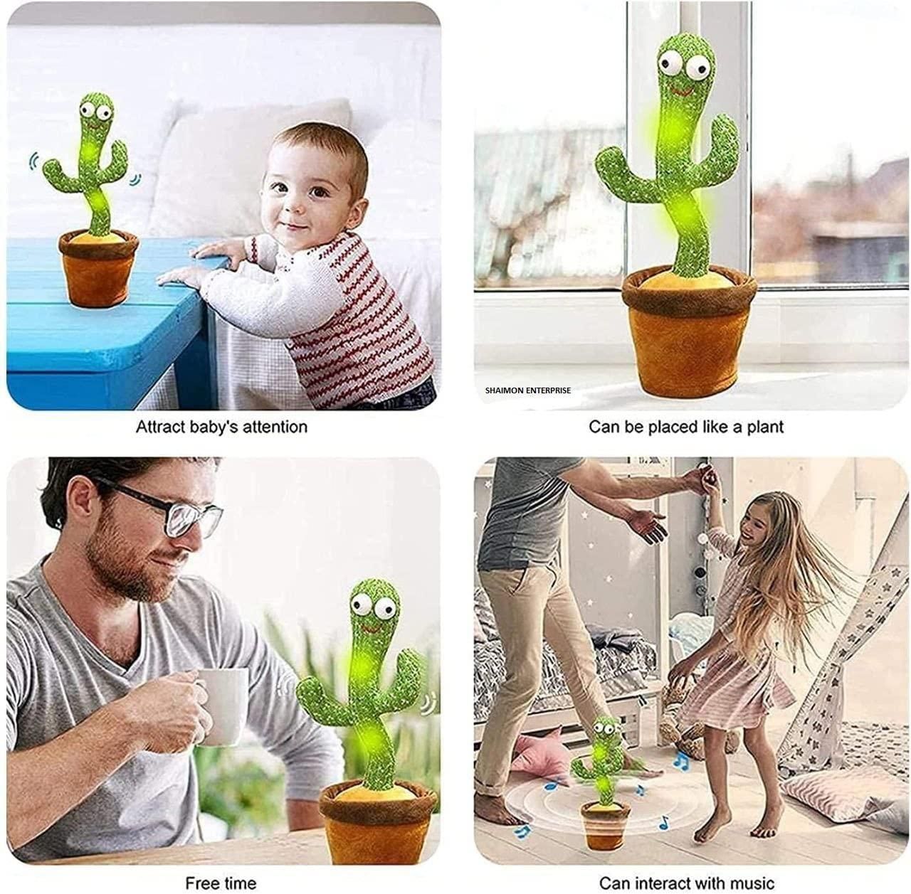Livingdot LED cactus toy glowing green in a brown pot attracting baby and adults with interactive music feature
