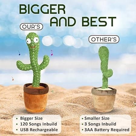 Livingdot LED cactus toy with bigger size and 120 songs inbuilt in a brown pot next to smaller version