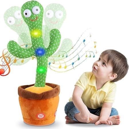 Livingdot LED cactus toy with colorful lights and music, shown with a child sitting nearby