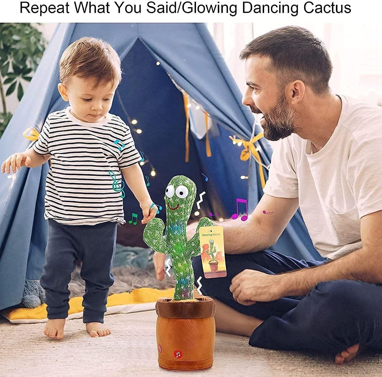Dad and toddler playing with Livingdot LED cactus toy that glows and dances indoors near a play tent