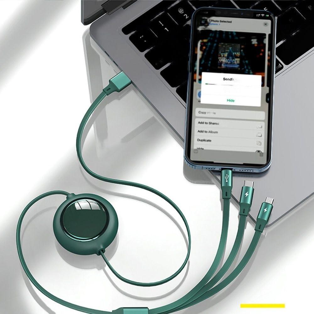 Livingdot multi-device charging cable with retractable design connected to smartphone and laptop in green
