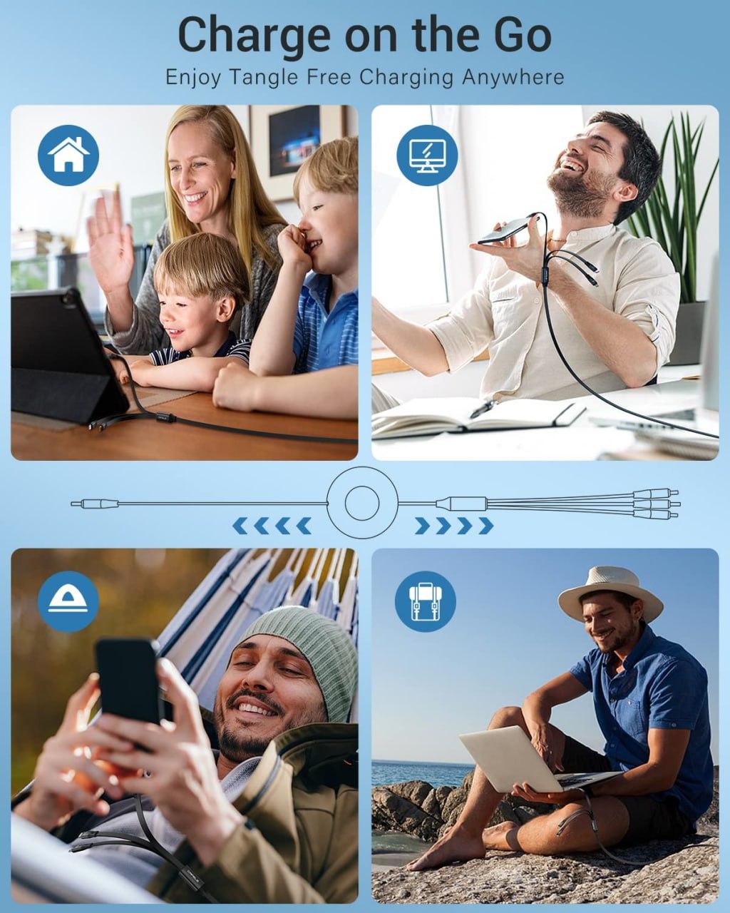 Livingdot multi-device charging cable used for tangle free charging at home, office, outdoors, and travel