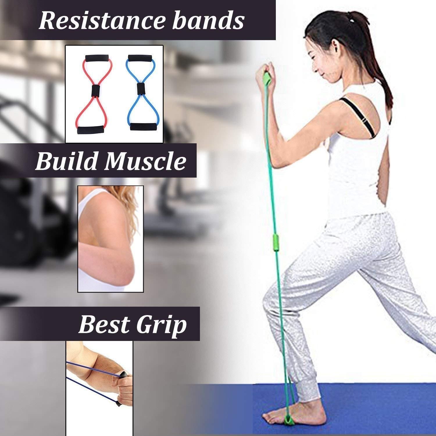 Woman exercising with green resistance bands for home gym to build muscle and improve grip